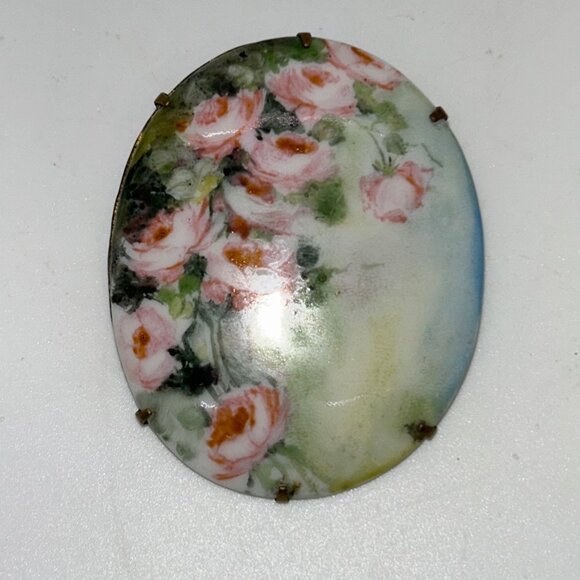 Victorian Hand Painted Porcelain Brooch With Pink Roses C-Clasp Gold-tone - Picture 1 of 15